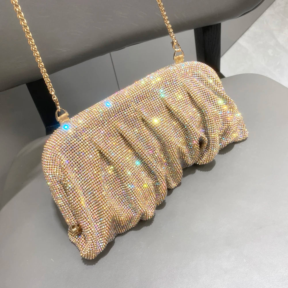 Shiny Handle Rhinestones Handmade Evening Clutch Bags New Folds Purses And Handbags Luxury Designer Wedding Party High Quality