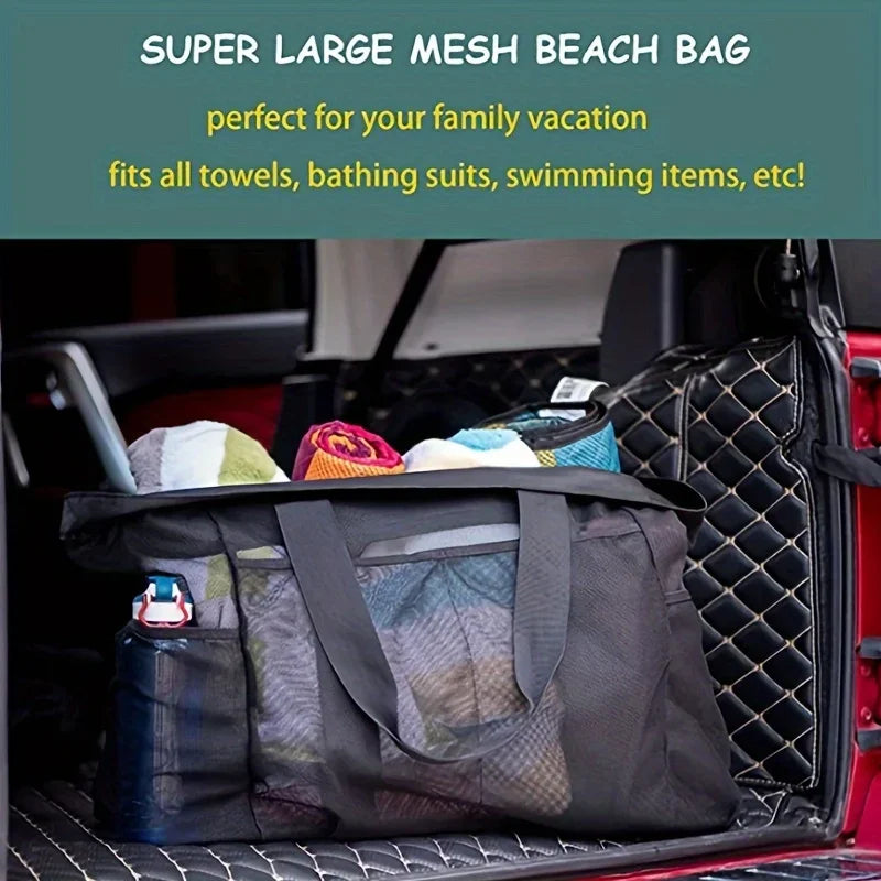 Extra Large Beach Bag - Lightweight, waterproof, foldable, with mesh straps, zippered pockets and fixed shoulder straps