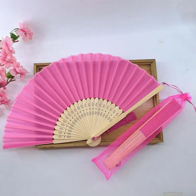 Chinese Style Folding Fan Wear Resist With Organza Bag Bamboo Hand Fan With Tassel Cooling Tool Silk Hand Fan Party Decoration