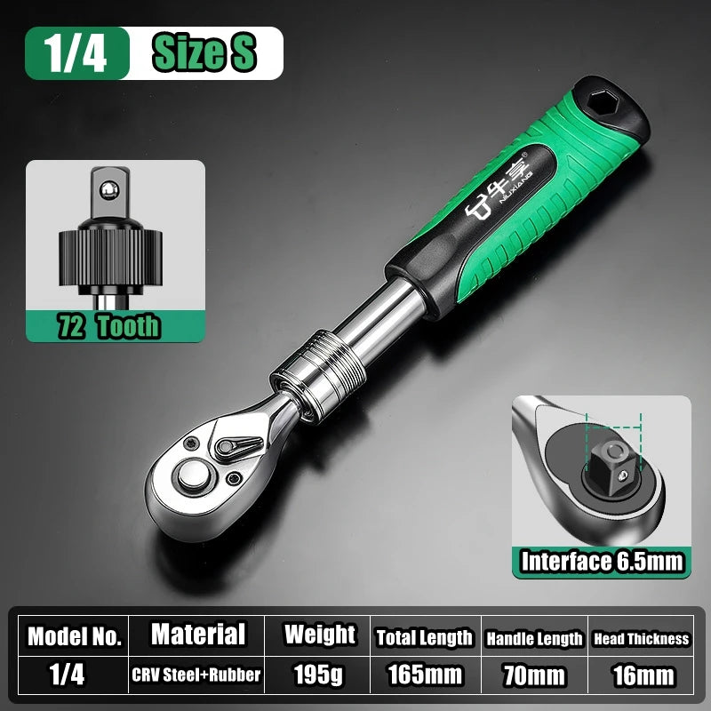 72Tooth Retractable Ratchet Wrench Automotive Repair Adjustable Drive Rotating Ratchet Quick Release 1/4 3/8 1/2" Manual Tool