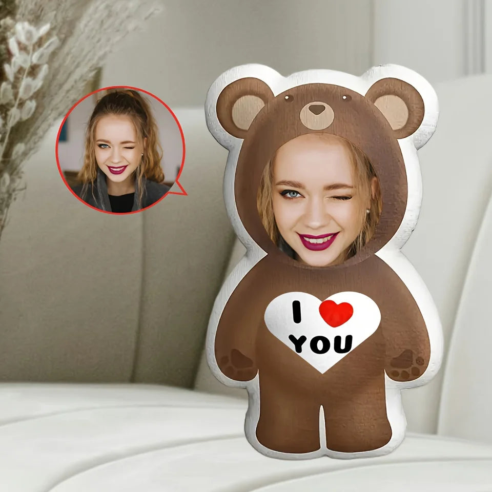 Customized Photo Bear Pillow Personalized 'I Love You' Facial Plush Ideal Gift for Loved Ones. Soft and Comfortable Short Plush