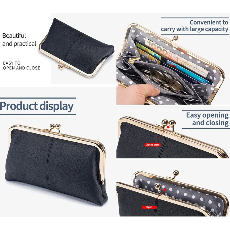 Vintage Genuine Leather Clutch Purses for Women Small Evening Bag with Kiss Lock Closure Metal Frame Long Large Clutch Wallet