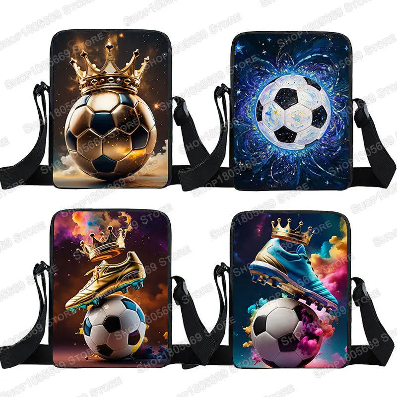 Cool Golden Soccer with Crown Print Crossbody Bags Hot Blood Football Sport Handbags Teenagers Boys Girls Phone Holder Bookbag