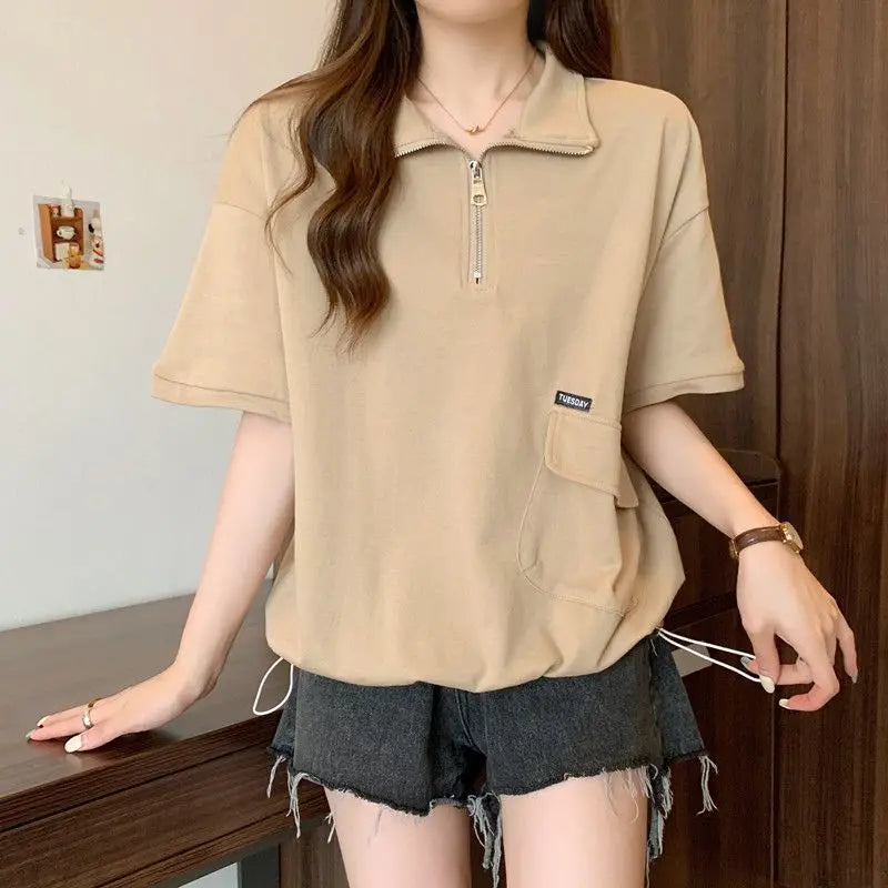 Large size women's clothing spring and summer new solid color casual and thin versatile lapel zipper short-sleeved t-shirt