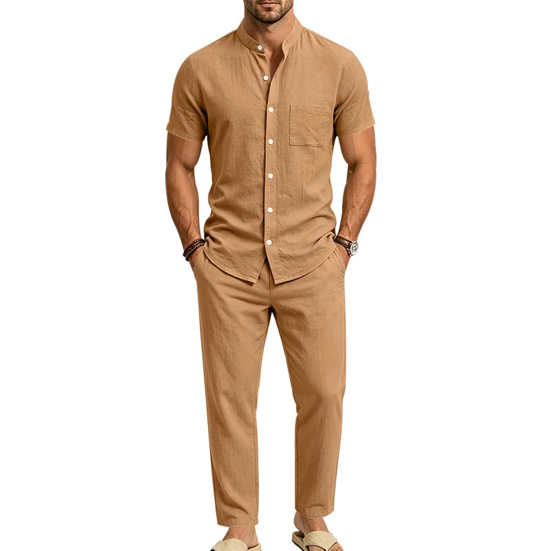 Men's Linen Popular Breathable Simple Two-Piece Set, Stand Collar Short-Sleeve Shirt with Straight-Leg Casual Pants