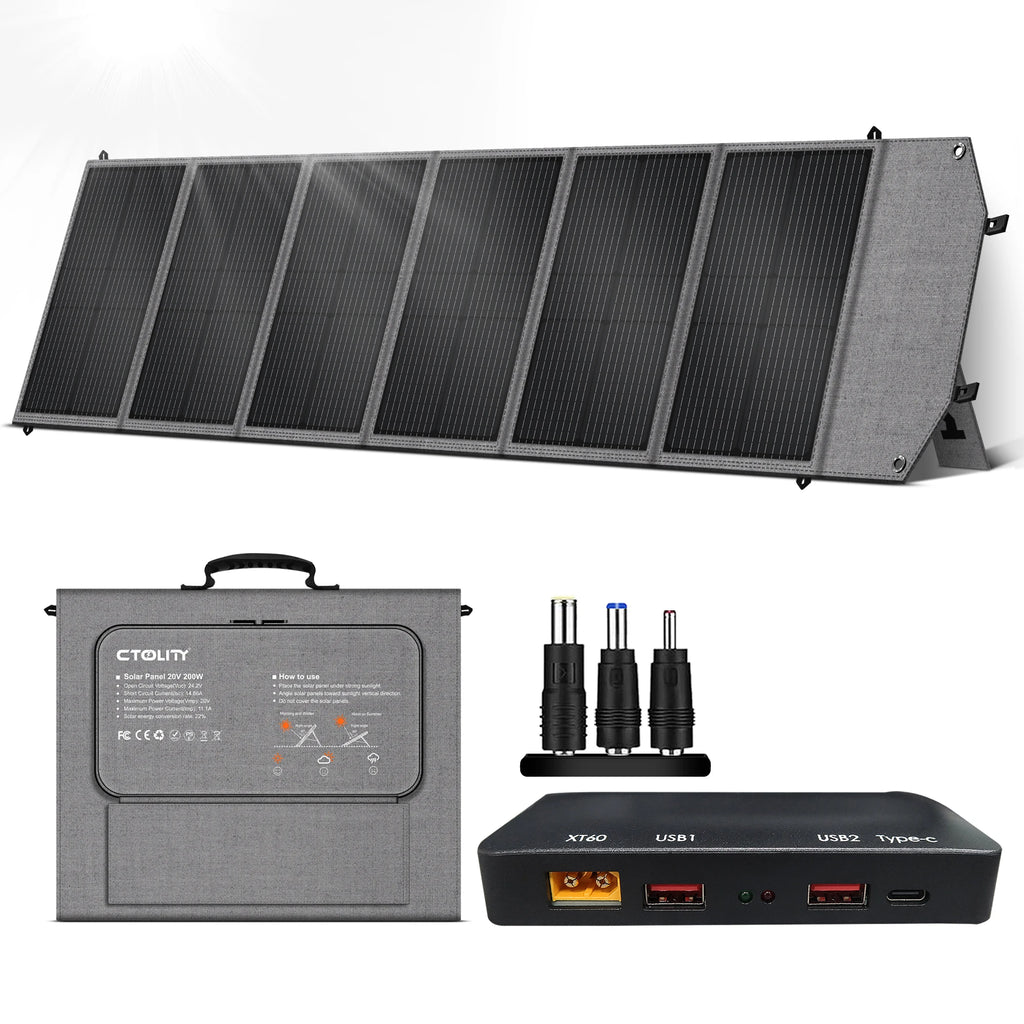 CTOLITY 200W Solar Panel 20.5V Portable Folding Bag 23% Efficiency Outdoor Power Supply USB DC Output Home Camping Soalr Power