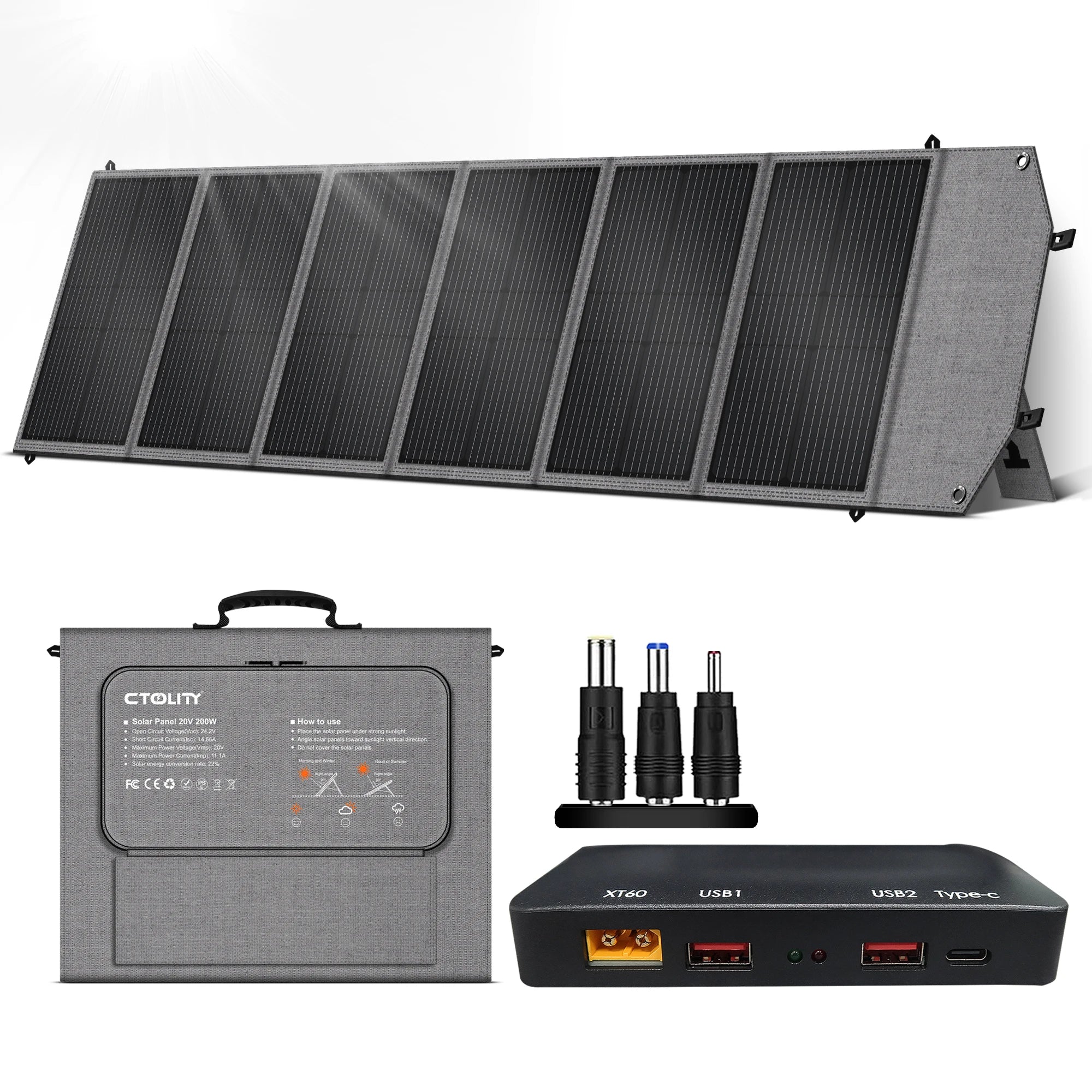 CTOLITY 200W Solar Panel 20.5V Portable Folding Bag 23% Efficiency Outdoor Power Supply USB DC Output Home Camping Soalr Power