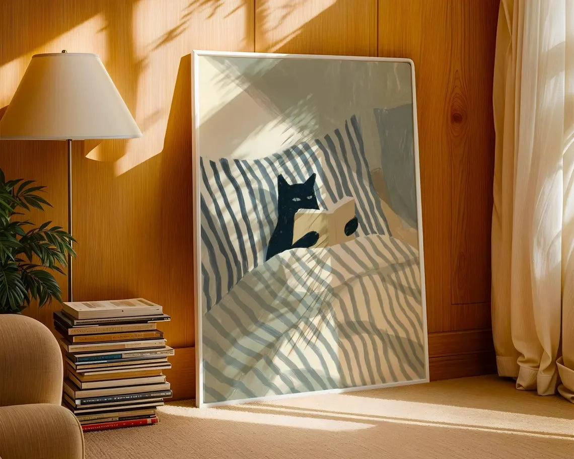 Cat Reading Print – Black Cat Wall Art, Cosy Bedroom Poster, Book Lover Cat Illustration, In Bed Print, Reading Decor, Cozy