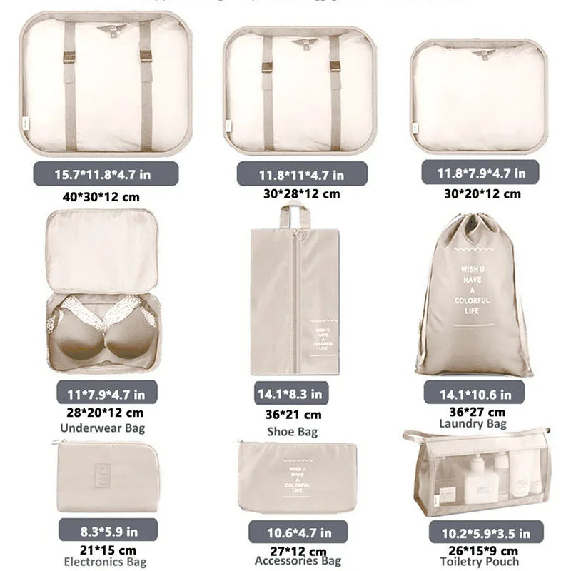 9PCS/Set Packing Cubes For Travel Folding Digital Underwear Shoes Toiletries Pouch Travel Bags Waterproof Travel Storage Bag