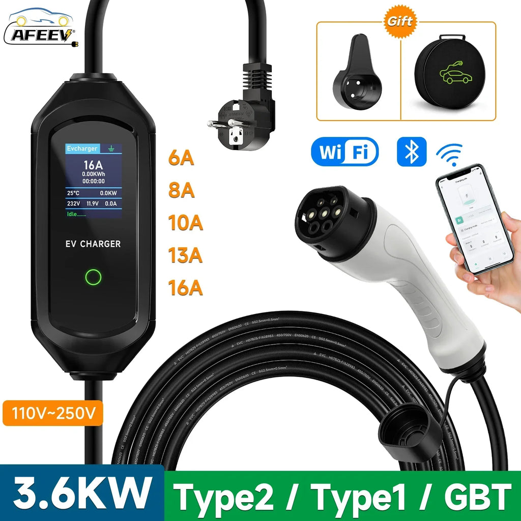 AFEEV 3.6KW Portable EV Charger 16A IEC62196-2 Type 2 Charger Fast Charge Charger Type1 Electric Car Charger GB/T Wallbox