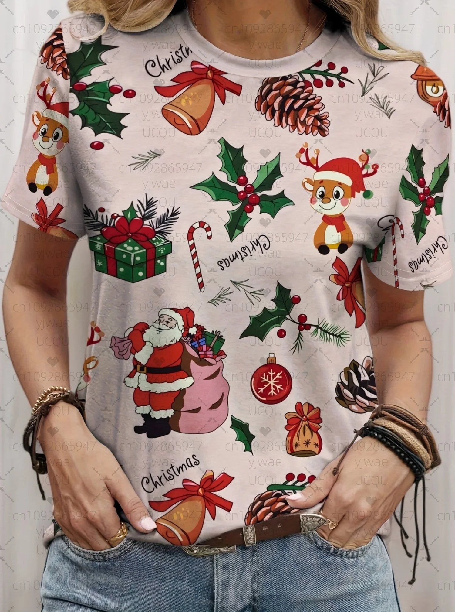 plus size Tee Casual Lightweight Sport Daily Tee ﻿ Christmas Santa Claus reindeer print Women O-Neck Short Sleeve T-Shirt