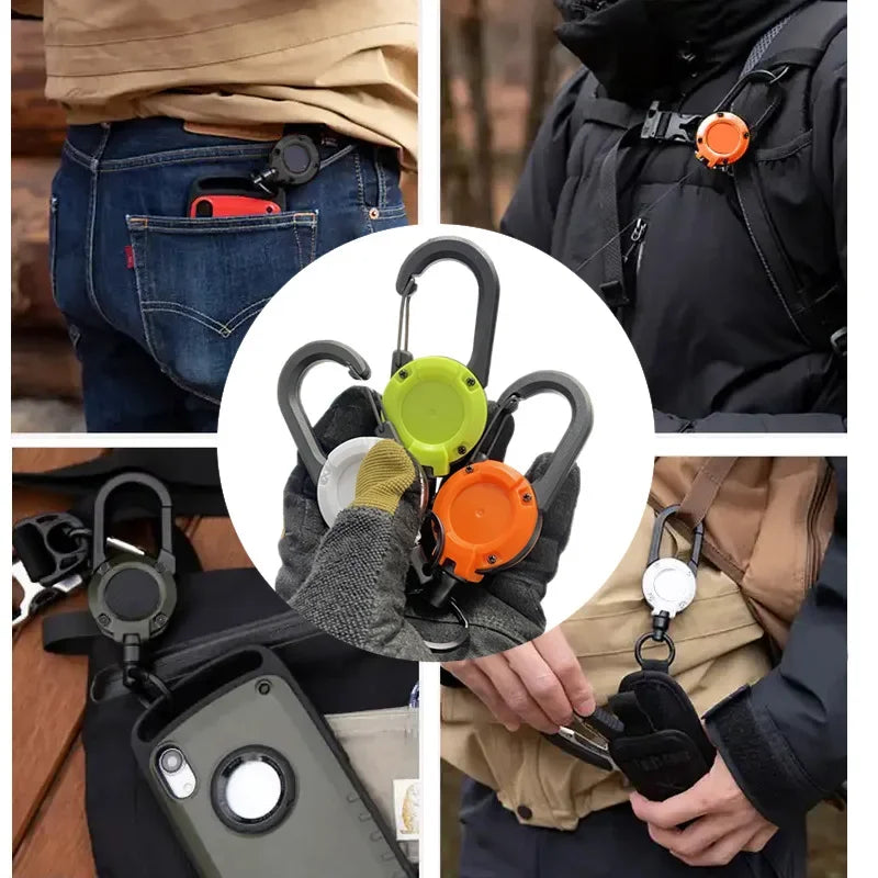 Retractable Heavy Duty Pull Reel Carabiner Multitool Survivalowy Buckle Spring Key Ring Outdoor Sporty Attachment Keychain Tool
