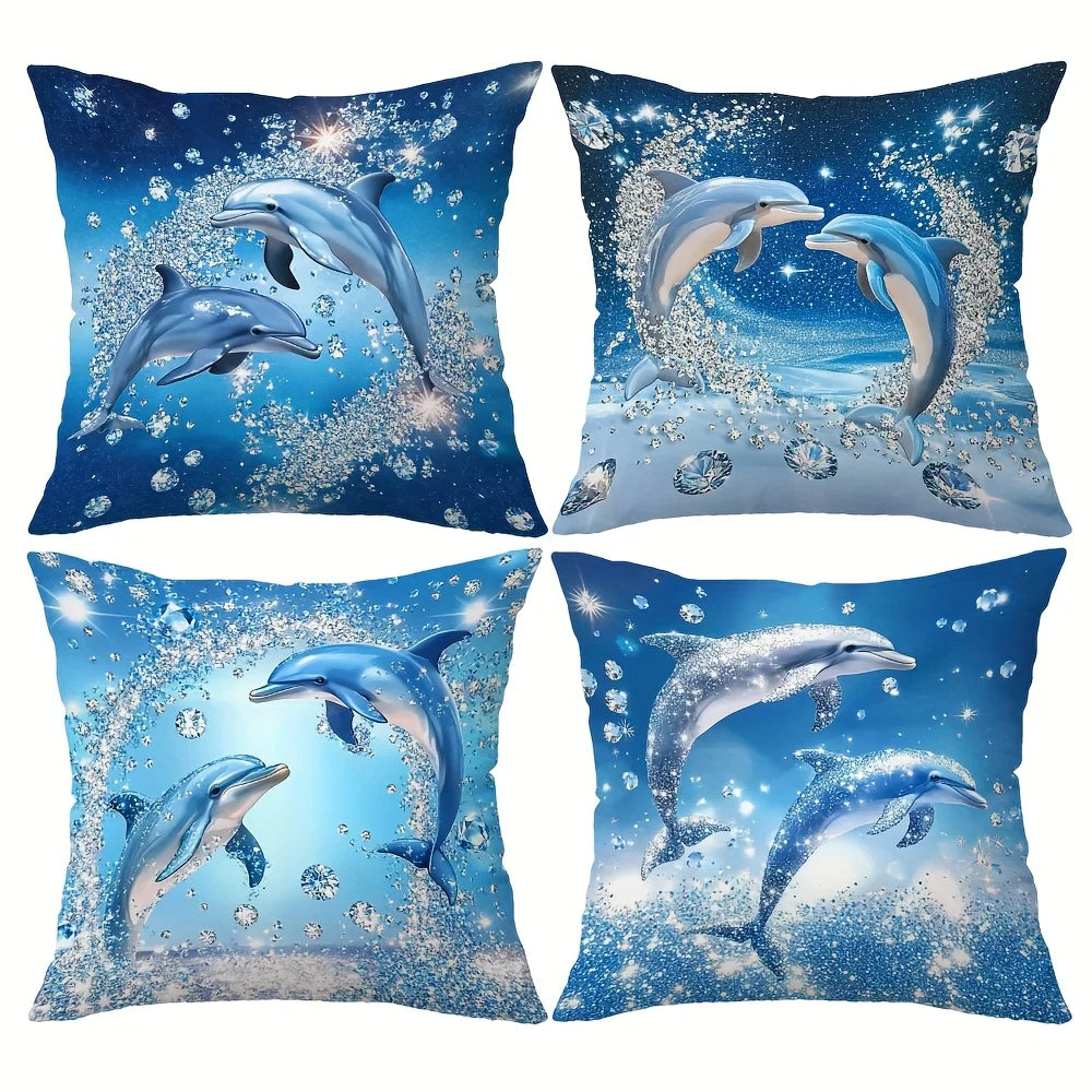 4pcs Linen Pillow Covers 45x45cm Dolphin Ocean Print Cushion Cases Blue Sparkle Bubbles for Sofa Bed Decor Zipper Closure