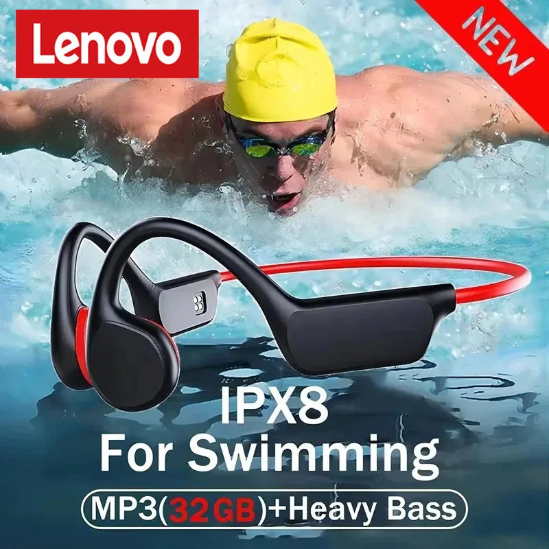 Lenovo Bone Conduction Headset Wireless Swimming Sports Headphone IPX8 Bluetooth 5.4 With Mic Waterproof Exercise Fitness New