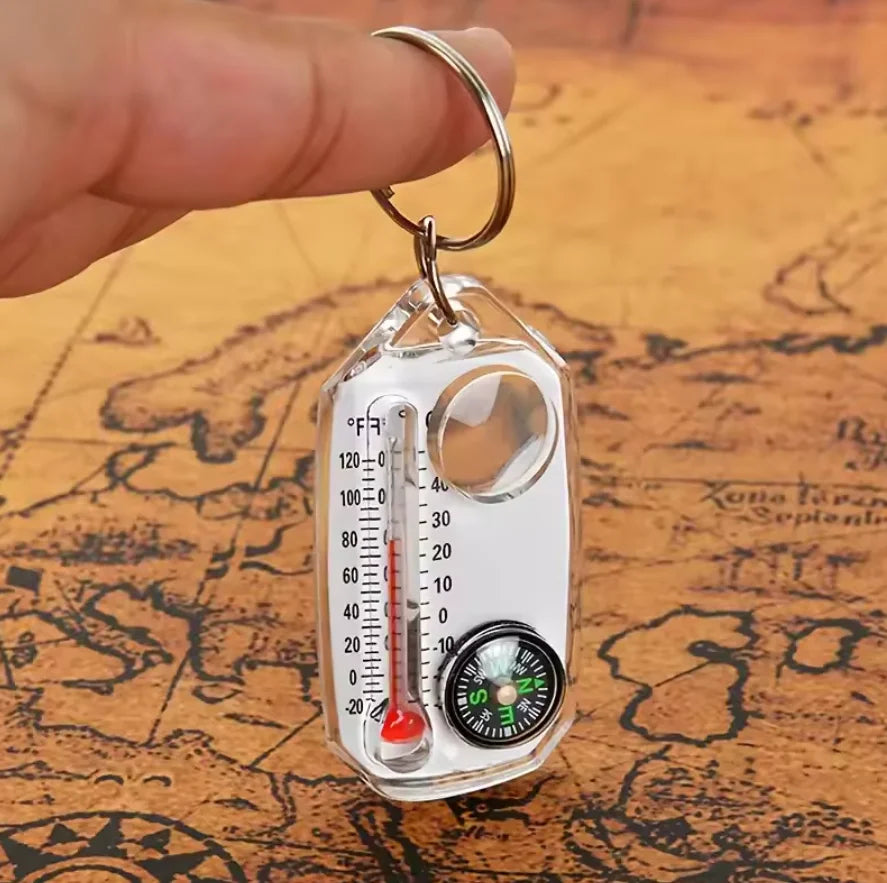 3-in-1 Keychain Compass with Thermometer & Magnifying Glass, Mini Portable Outdoor Camping Survival Tool