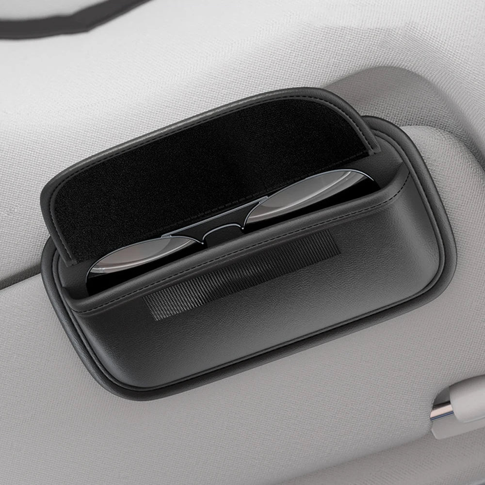 Car Glasses Case Wear-Resistant PU Leather Sunglasses Holder Hook and Loop Fastener Eyewear Protection Box Scratch-Free