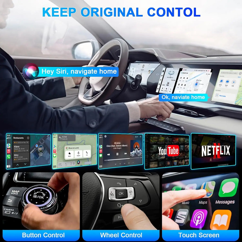3-in-1 Wireless Carplay Adapter Support Apple CarPlay & Android Auto, Magic Video AI Box for Streaming Netflix YouTube,Upgraded Dual-Band WiFi, Converts Wired to Wireless Car Play for iPhone/Android