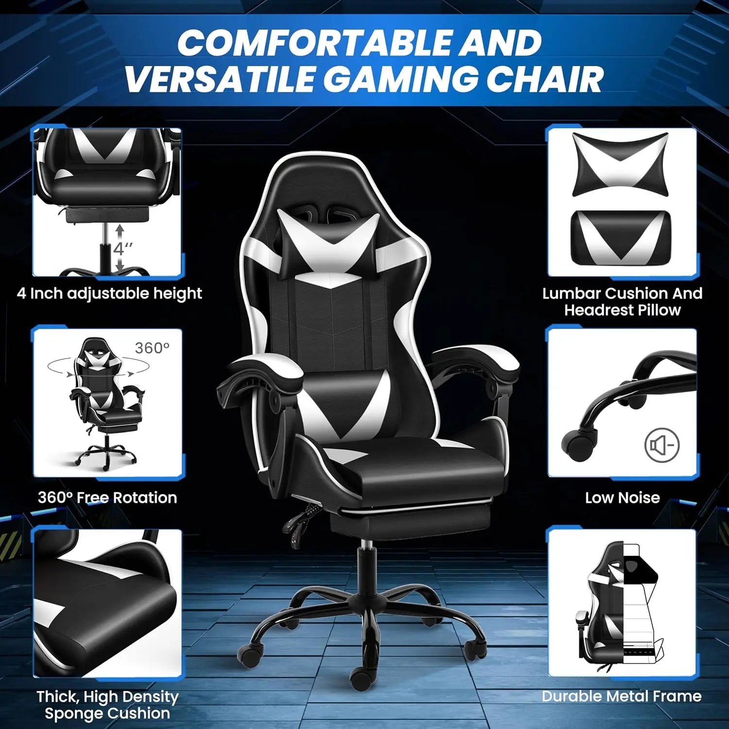 Gaming Chair, Ergonomic Computer Chair with Footrest and Lumbar Support, Height Adjustable Office Chair with 360°, Customized