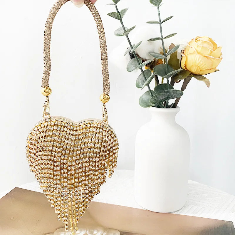 Heart Shaped Diamond Encrusted Glass Stone Evening Bag Women's Chain Handbag Stylish Crossbody Bag Elegant  Shape
