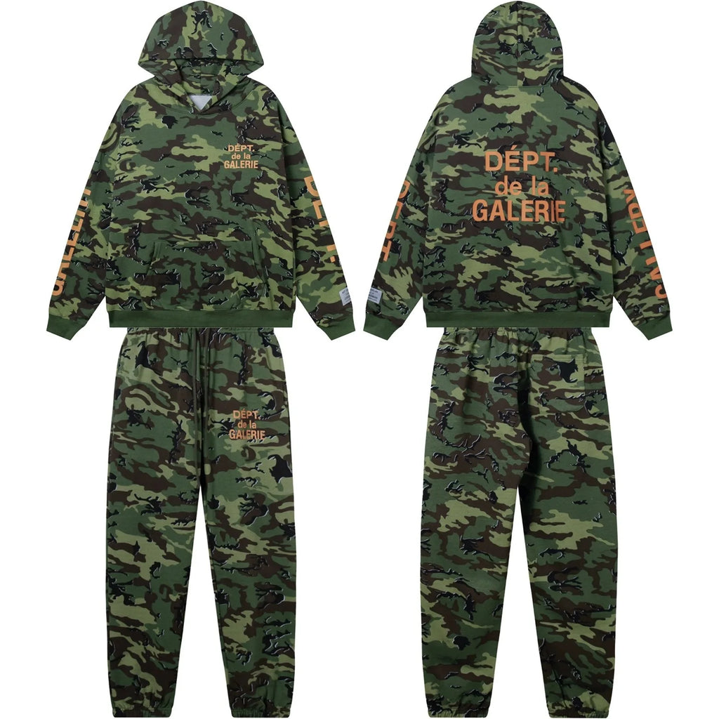 Loose Fit Camouflage Hoodie And Pants Set Basic French Slogan Print Comfortable Autumnal Long Sleeve Casual Sportswear
