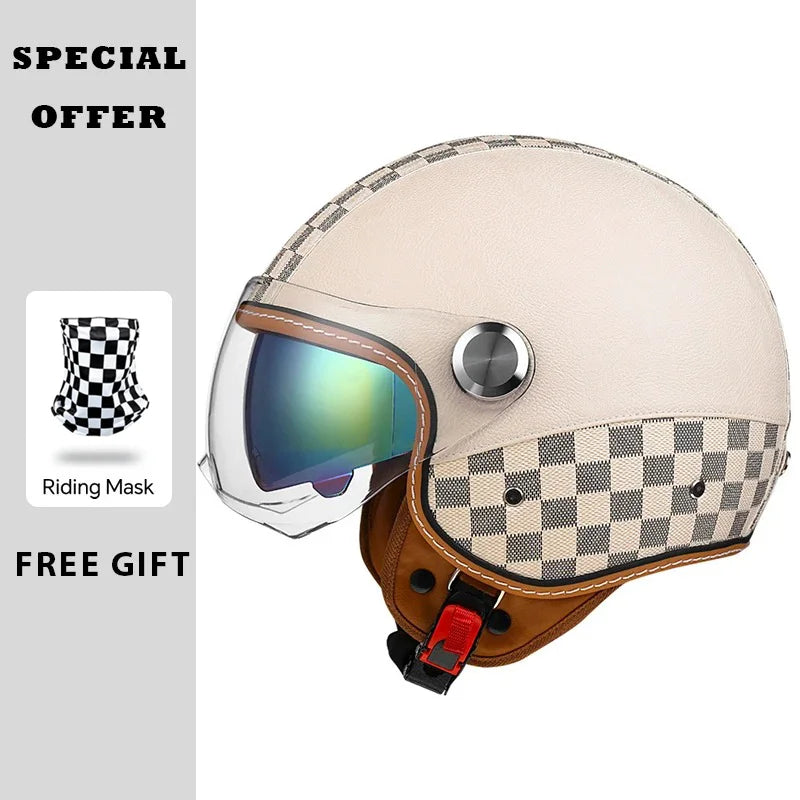 Open Face Helmet Vintage Leather Motorcycle Helmets Double Visor DOT Approved Retro 3/4 Jet Half Helmet with Inner Lens