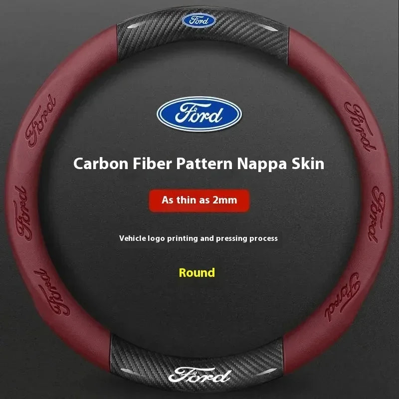 For Ford Mondeo Focus Raptor Puma Edge Explorer Ecosport Ranger F150 Kuga Car AntiSlip Carbon Fiber Leather Steering Wheel Cover