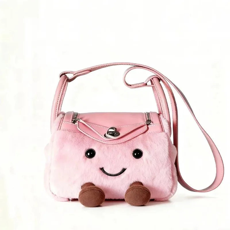 New Autumn/Winter 2025 Cute Cartoon Plush Spliced Pu Leather Pillow Bag Sweet Girl's Versatile Crossbody Bag for Commuting
