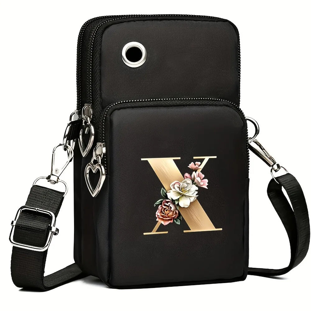 Fashion A-Z Letter Print Women's Crossbody Bag Large Capacity Three-Layer Zipper Phone Bag Daily Travel Coin Purse