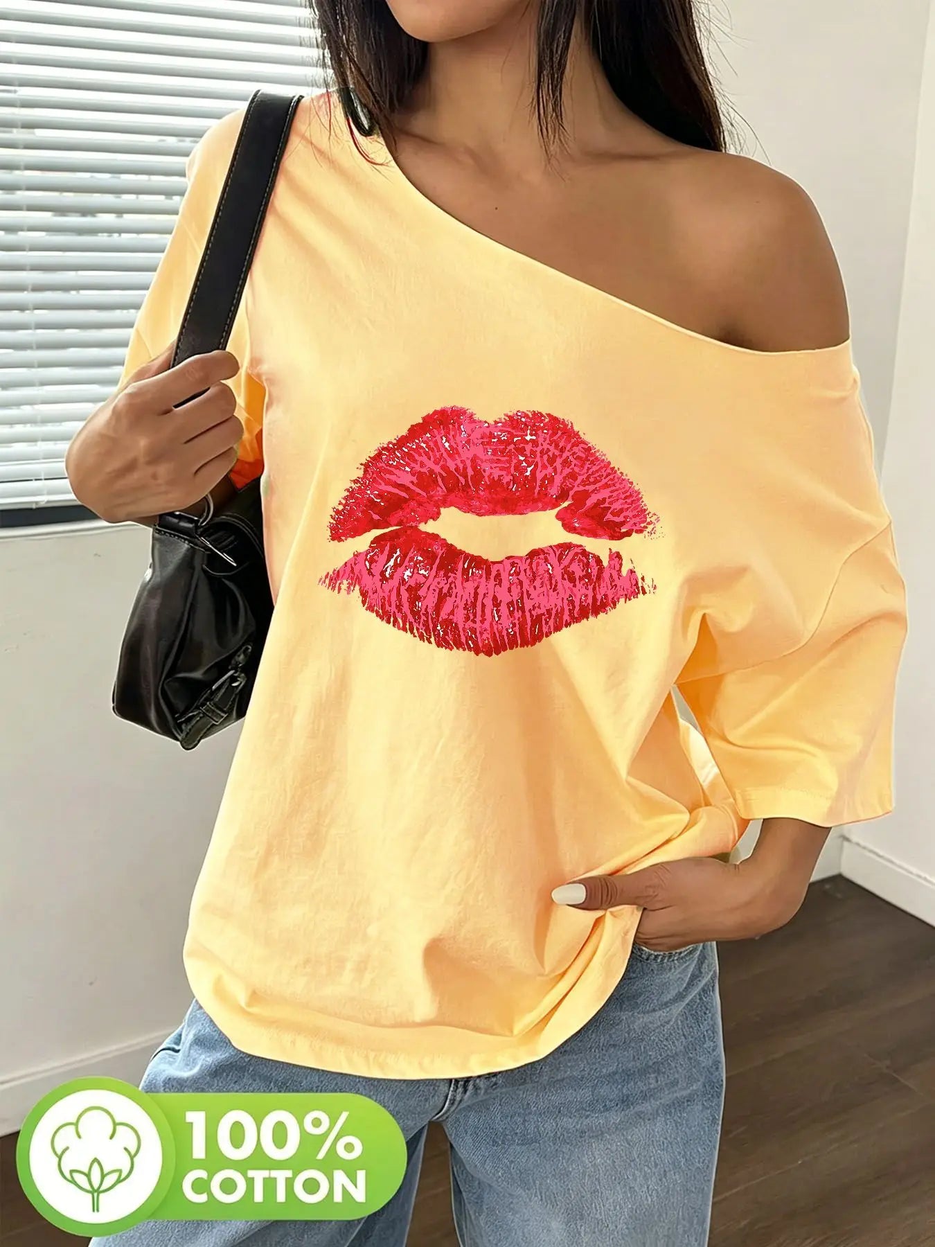Plus Size 100% Cotton Shoulder Loose Print T-Shirt Oversized Y2K Style Graphic Tees Women Tops Summer Off The Shoulder Top wi