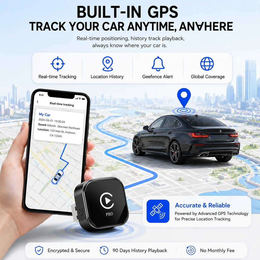 The Mini CarPlay Wireless Adapter and Android Auto Wireless Adapter convert wired CarPlay to wireless CarPlay. They come with GPS tracking capabilities and allow you to view your vehicle's real-time route and location on your