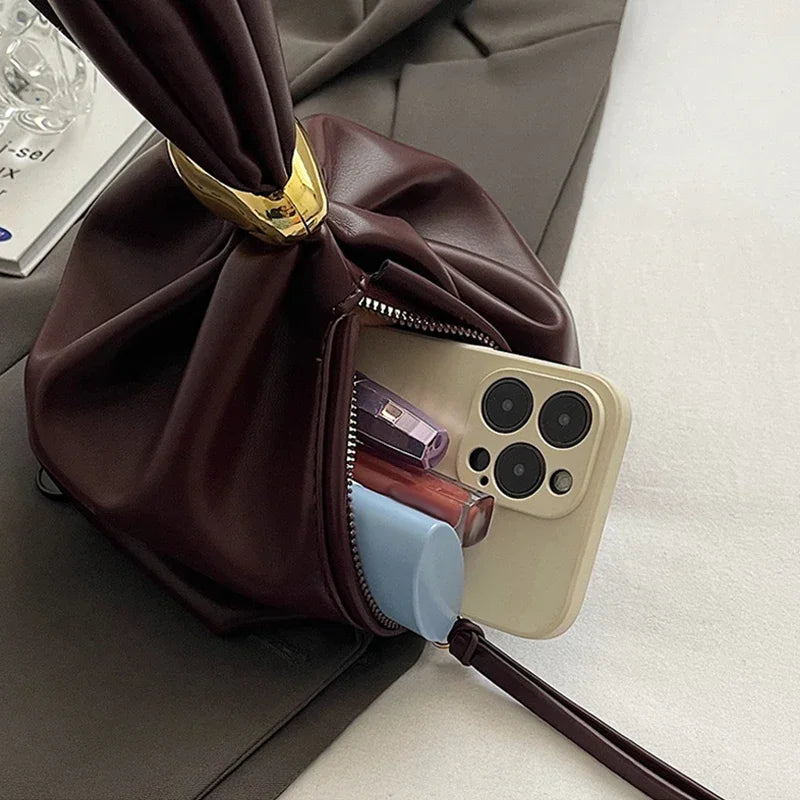 NamcheBarwa Design Mini Pu Leather Dumpling Niche Clutch Bags for Women Fashion Knotted Female Retro Shoulder Bag Wrist Handbags