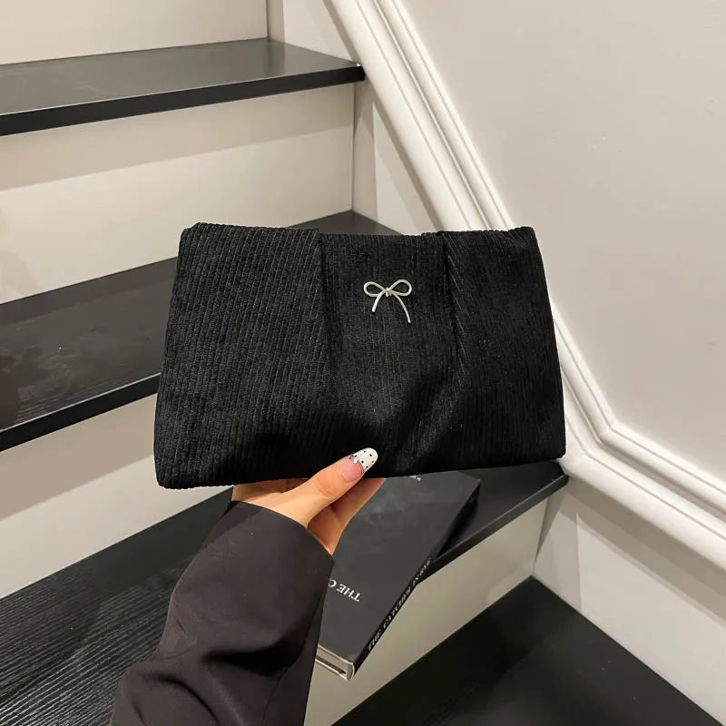 Bow Decoration Corduroy Women's Bag Female Large Capacity Cosmetic Bag Fashion Clutches Purse For Women