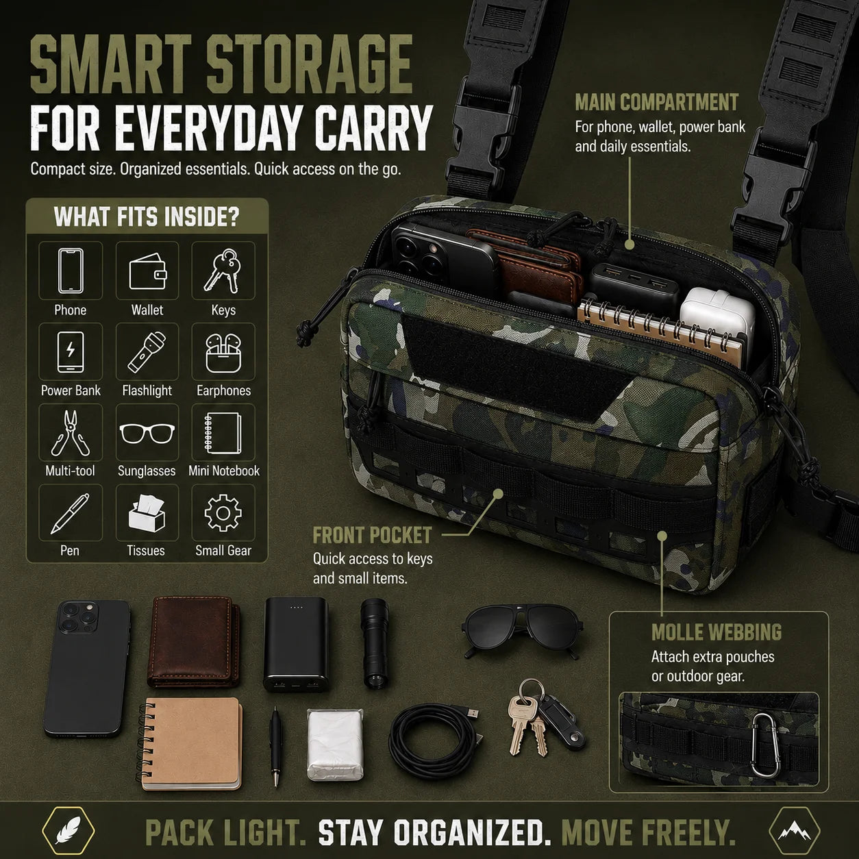Functional Tactical Chest Bag Waist Bag Fishing MOLLE Outdoor EDC Chest Rig Pack for Cycling Hiking Camping Adjustable Harness