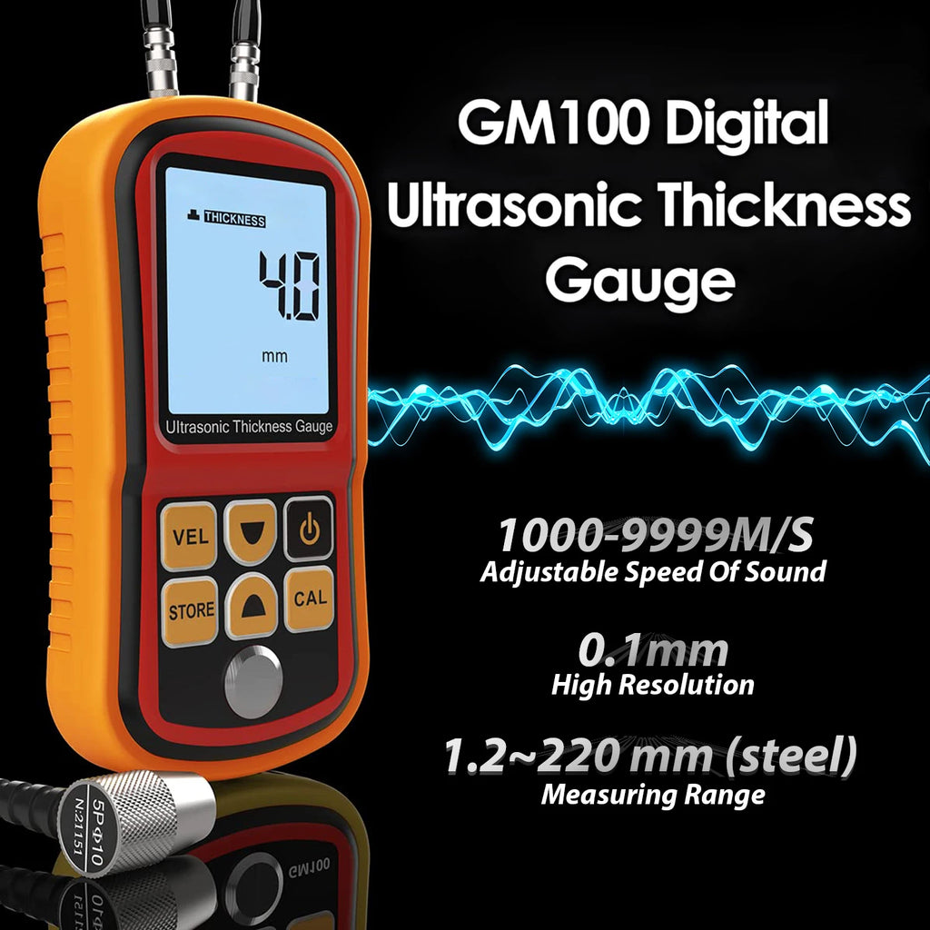 Digital Ultrasonic Thickness Gauge, Metal and Glass Tools, Data Retention, Alarm Kit, GM 100, 1.0-300mm
