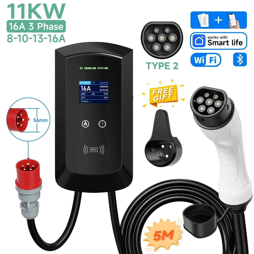AFEEV 11KW EV Charging Station CEE Plug Type2 32A 3Phase Wall Mounted Charger WiFi Bluetooth APP Control Fast Charge Charger