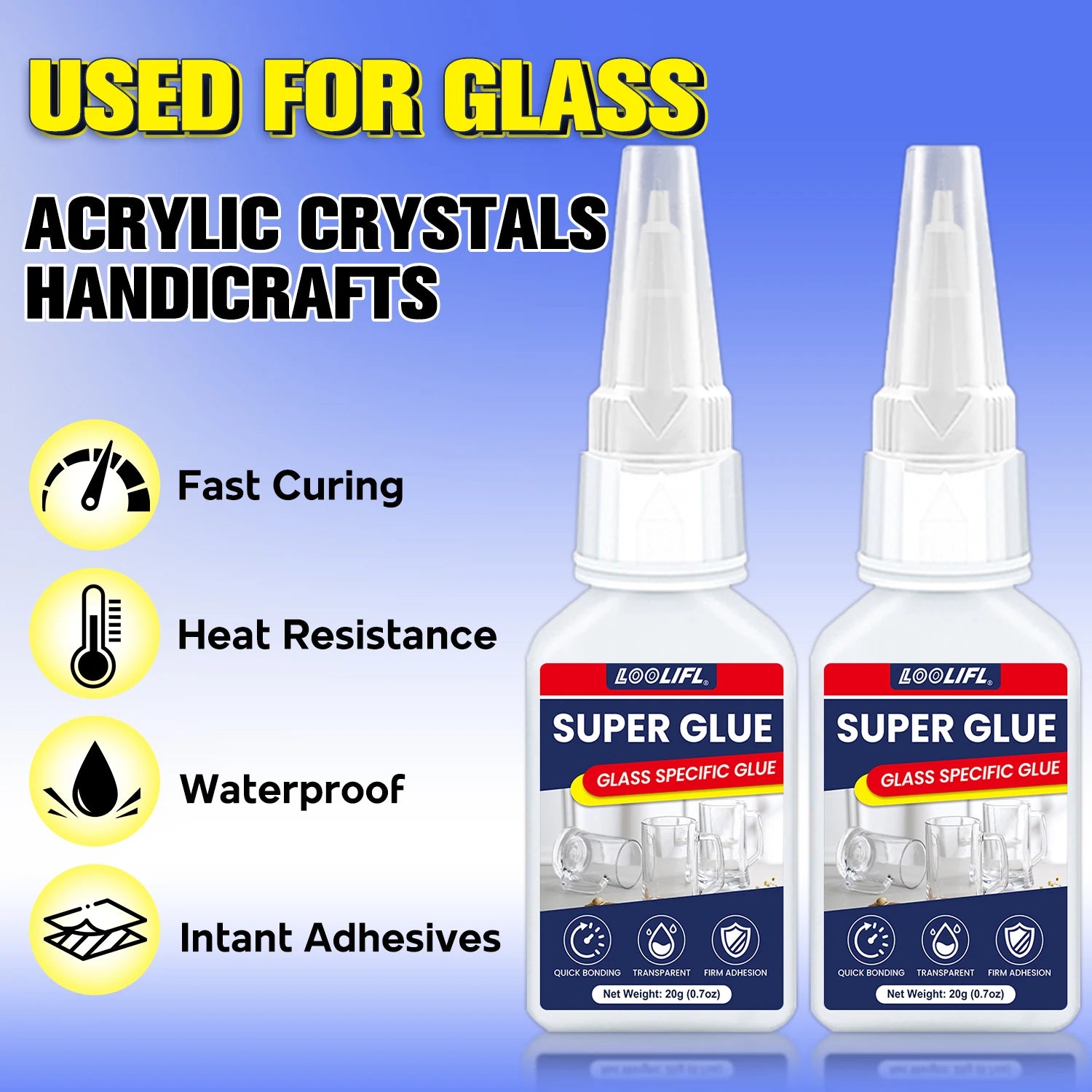 Super Glue for Glass Crystal Clear Cyanoacrylate Adhesive Fast Drying Strong Bond Waterproof for Glass Ceramic Metal Repair 20g