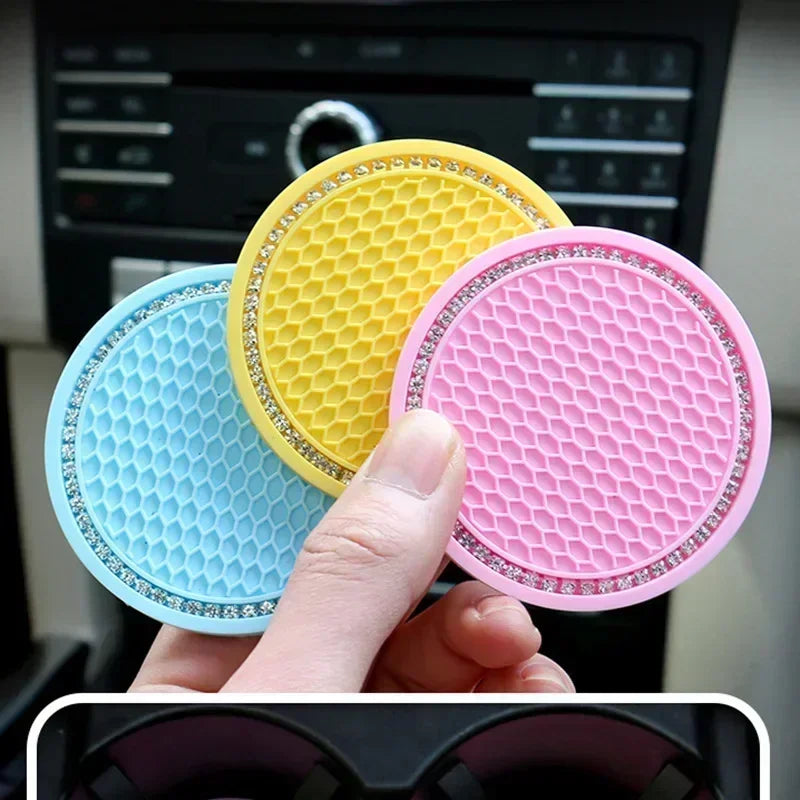 Car Coasters, Universal 2 Pcs Car Coasters for Women Bling Car Accessories, Silicone Anti Slip Crystal Car Cup Holde