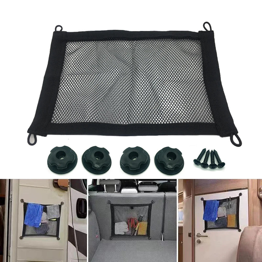 Stretchable Small Cargo Net Pocket Storage Mesh Net Elastic with Mounting Screws and Hooks for RV Truck Car SUV Boats