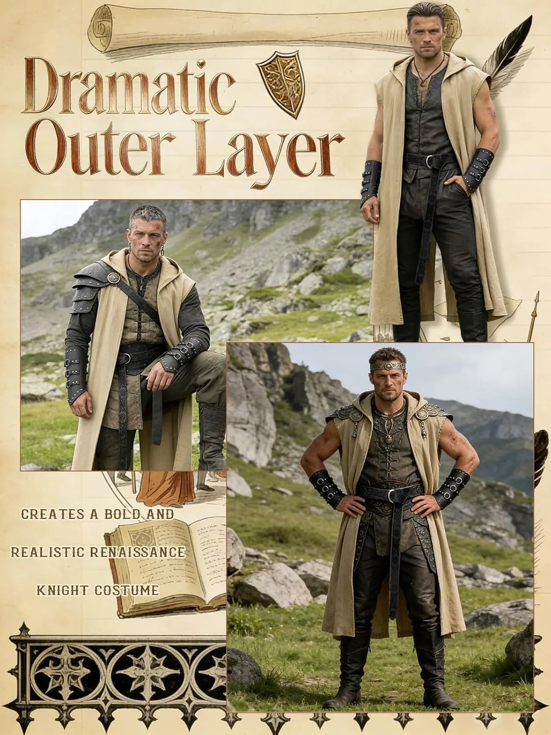 Verceco Men’s Renaissance Costume Set – Medieval/Renaissance Costume for Men with Hooded Surcoat Leather Belt & Bracers