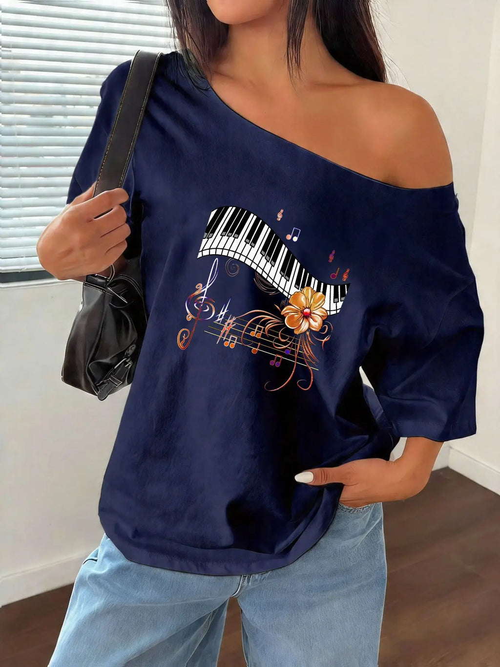 100% Cotton Plus Size Musical Piano Keys Flower Pattern Shoulder Loose Print T-Shirt Oversized Y2K Style Graphic Tees Women T