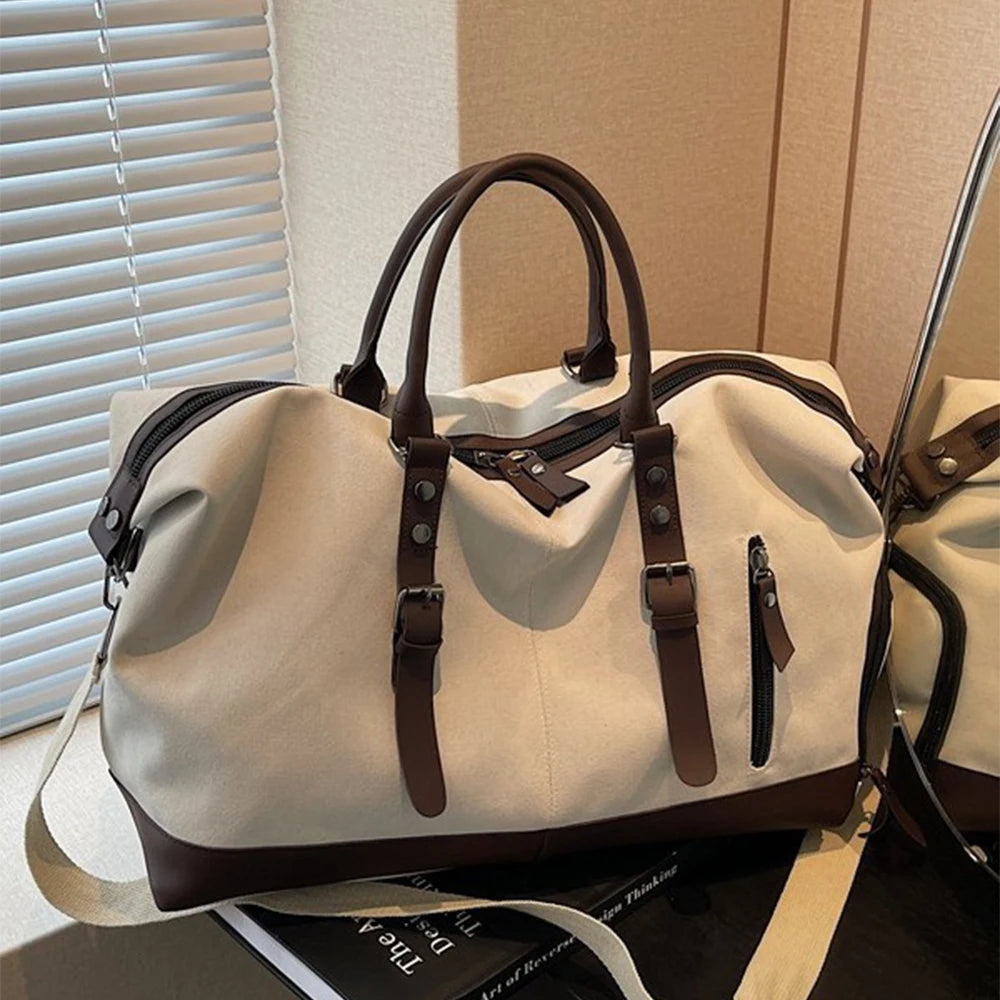 Vintage Canvas Casual Weekend Bag Travel Tote Bag Portable Large Capacity Duffel Bag With Shoe Compartment Crossbody Luggage Bag