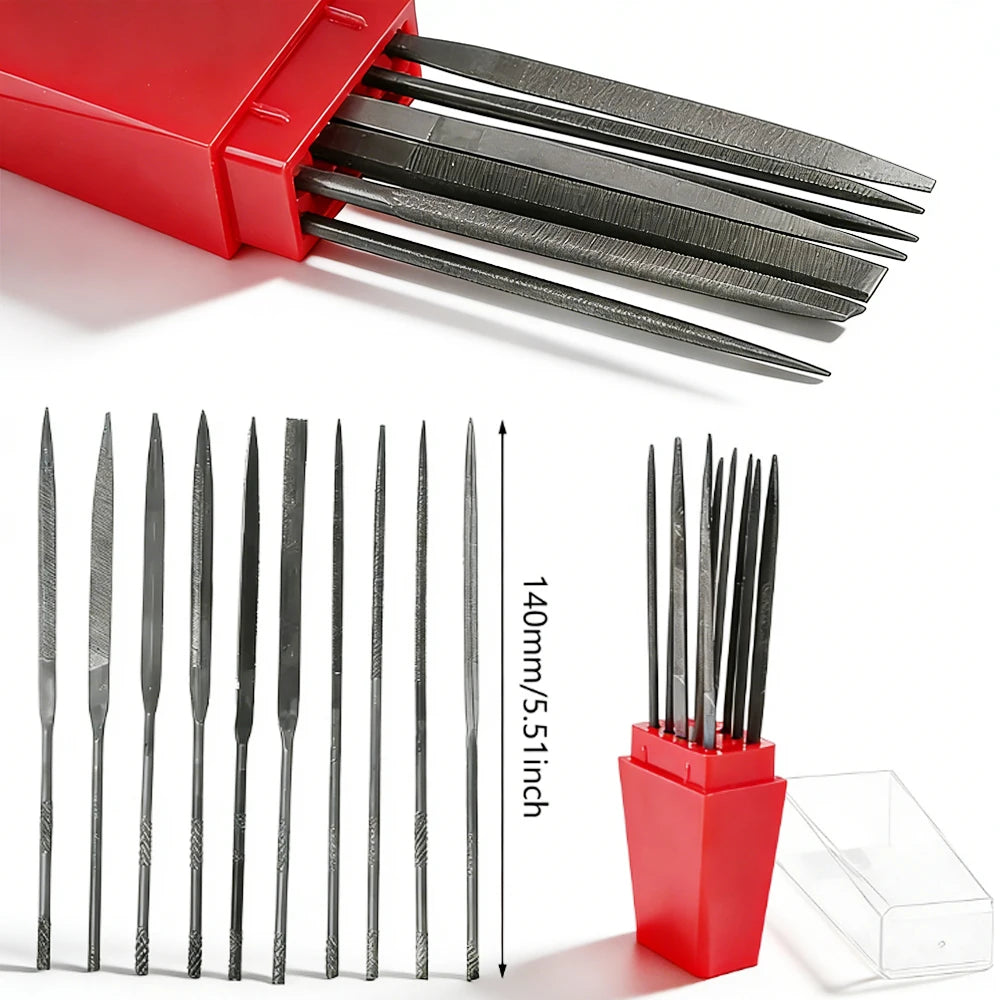 10Pcs Precision Needle File Kit 140mm, Assorted Shapes Mini Files for Metal/Wood/Plastic Detailing, Ergonomic Steel Handle