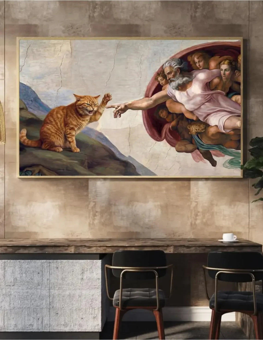 "Whimsical 'Creation of Adam' with Orange Cat Wall Print Decor - Classic Art Parody Poster for Eclectic Living Room, Quirky