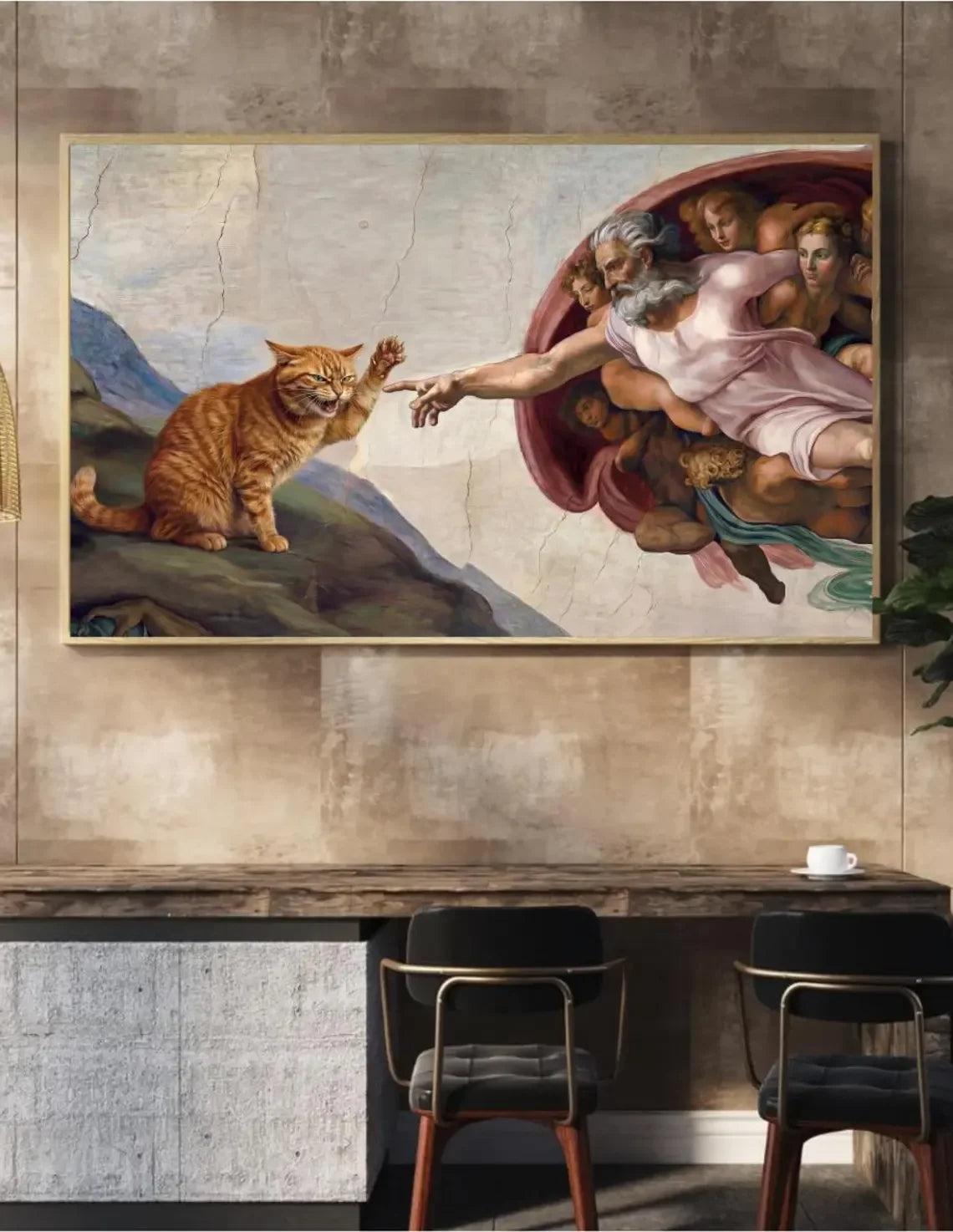 "Whimsical 'Creation of Adam' with Orange Cat Wall Print Decor - Classic Art Parody Poster for Eclectic Living Room, Quirky