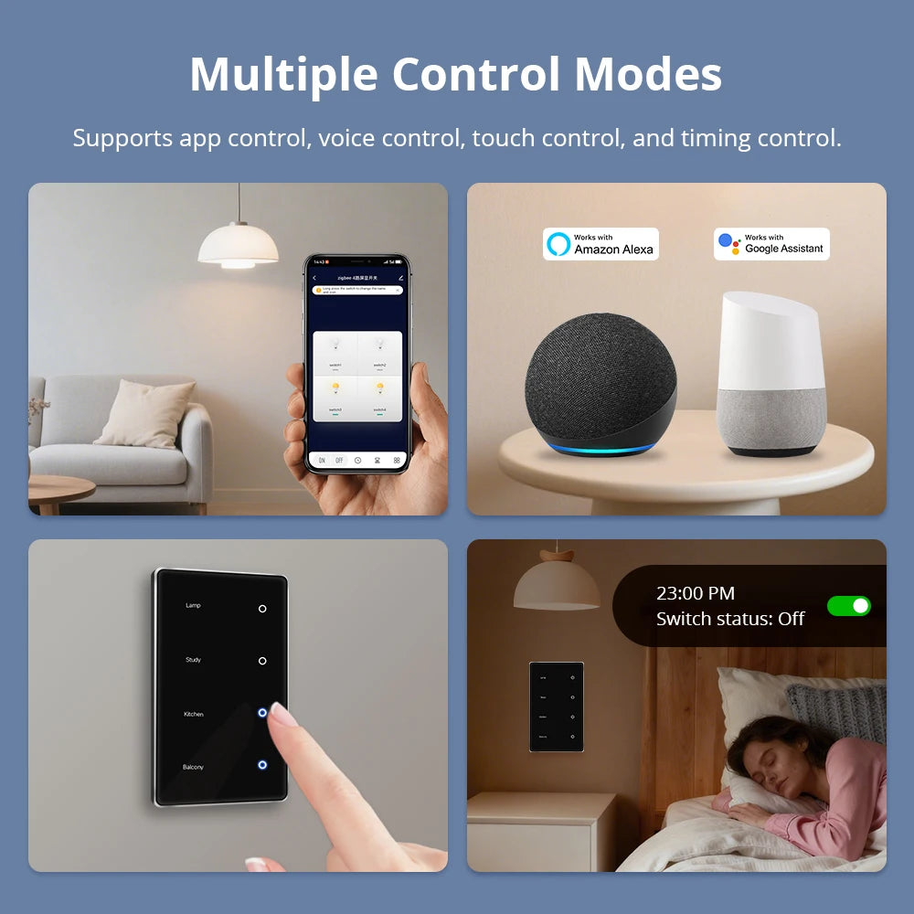 1234 Gang US Smart Zigbee Switch with Sensitive Touch Panel Work with Tuya Smart Life APP Remote Control Alexa Google Home Voice