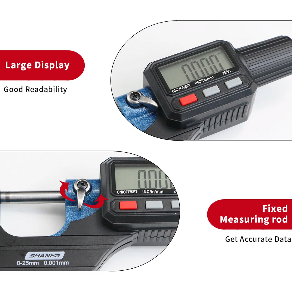 SHANHR 0-25mm Digital Micrometer Metric Inch Conversion ABS Function Large LCD Display Precision Micrometer Measuring Tool