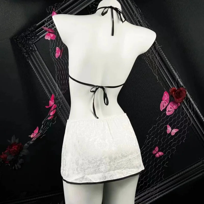 Sleeveless Two-piece Set Temptation Flirtatious Sexy Lingerie Chinese Style Neck Hanging Cheongsam Backless Lace Short Skirt Hot