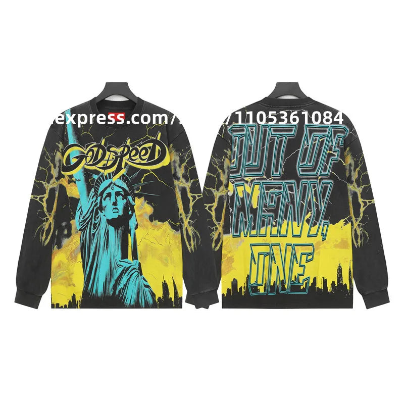 2026 Quality American Skeleton Pattern Printed Washed GODSPEED Long Sleeves T-shirt High Street Casual Cotton Round Neck Men Top