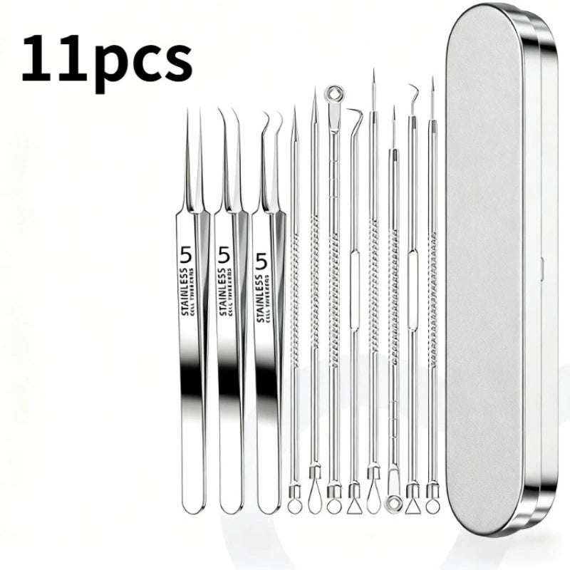11pcs Stainless Steel acne needle Blackhead And Pimple Removal Tool,Professional Extractor Kit With Portable Case,Beauty Tools
