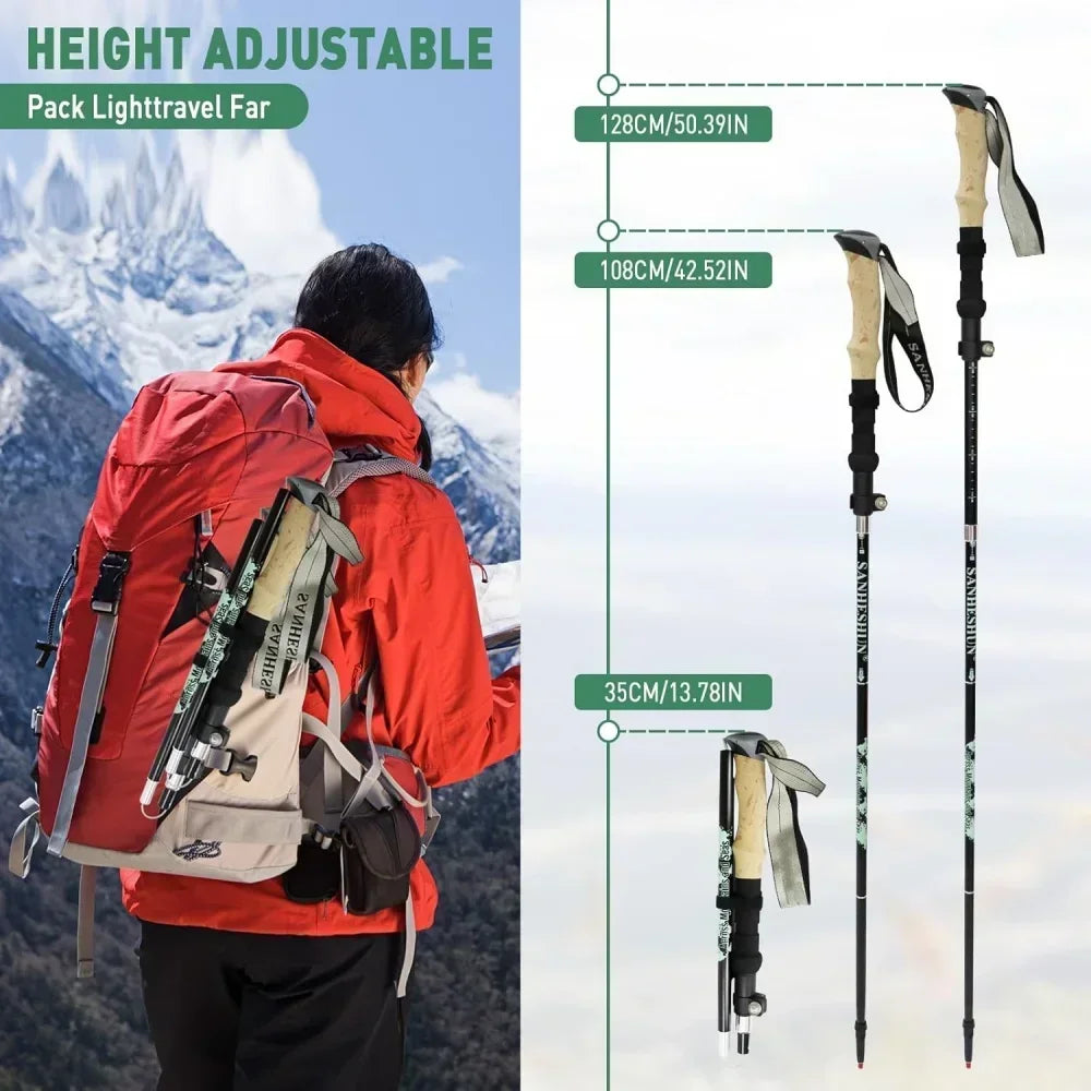 2 Pack Foldable Trail Running Sticks Aluminium Lightweight Adjustable Trekking Pole Anti Shock Cork Handle Nordic Walking Hiking